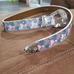 Glitter Heart Pattern Belt with Silver Buckle